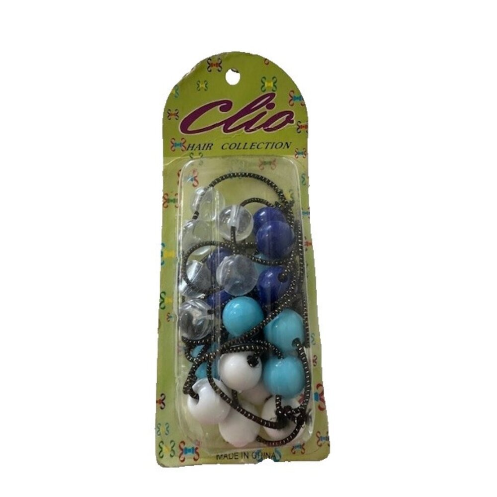 Clio Vintage Hair Tie Ponytail Twin Bead Knockers Blue Dark Light White Clear